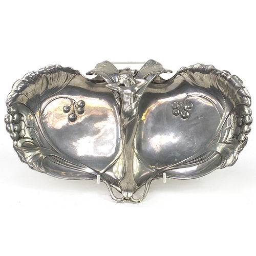 233 - WMF, German Art Nouveau pewter swing meat dish with handle in the form of a nude female, 31cm wide