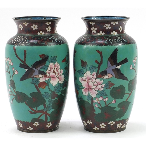26 - Pair of Japanese cloisonne vases enamelled with birds amongst flowers, each 25cm high