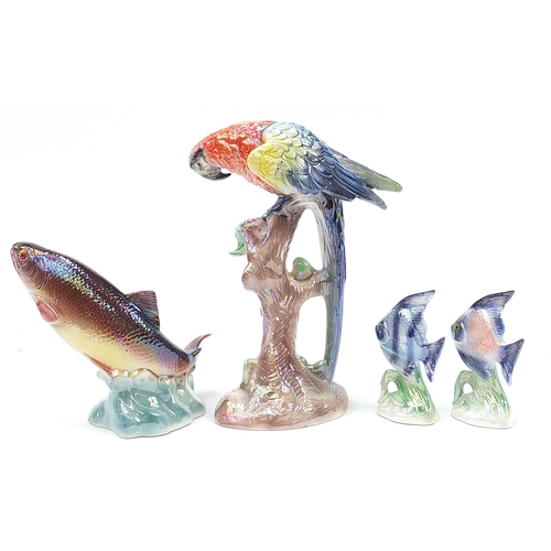 535 - Large Jema of Holland porcelain parrot, leaping salmon and pair of angel fish, the largest 40cm high