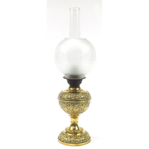 493 - The Wizard Burner brass oil lamp with globular glass shade, 62.5cm high