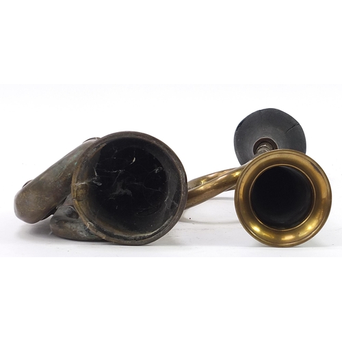 418 - Two vintage brass and copper car horns including King of the Road, the largest 46cm in length