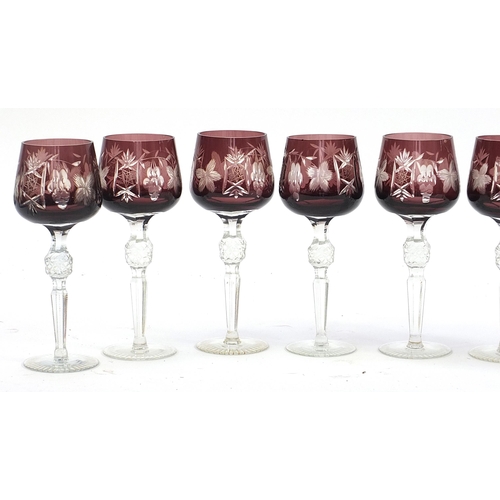 550 - Set eight Bohemian purple flashed cut glass glasses, 21cm high