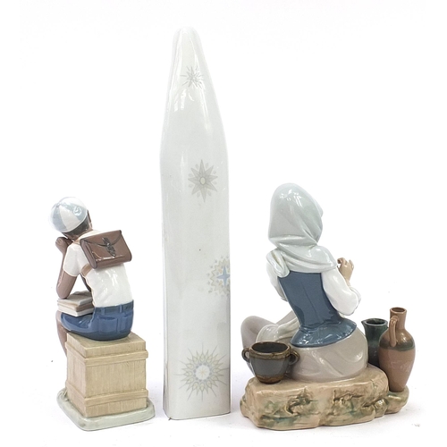 507 - Three Lladro figures comprising a Madonna, young female with pottery and schoolboy seated with a dog... 