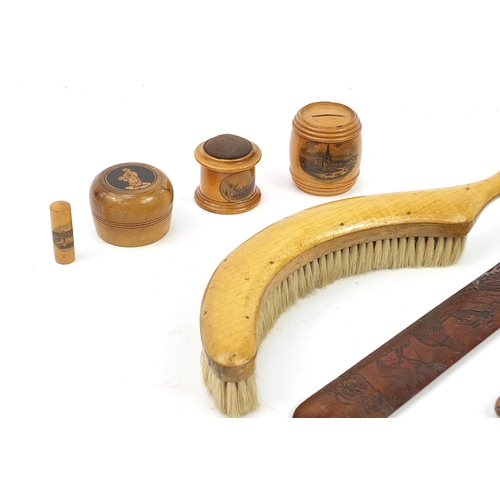 660 - Treen objects including a hat brush, Chinese page turner, Sorento box with glass liner and Mauchline... 