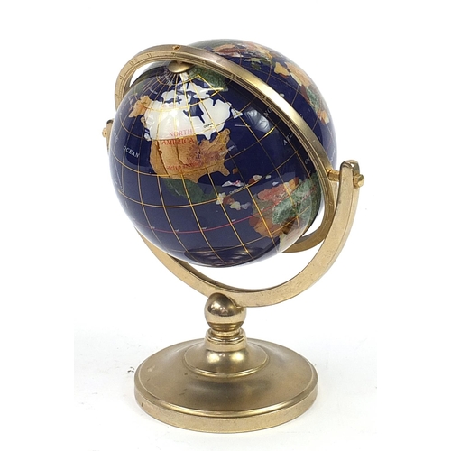 619 - Gilt brass semi precious stone table globe, 26cm high