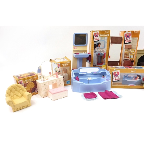 1489 - Vintage Sindy by Pedigree with boxes including fire place, bath, fridge and wash basin