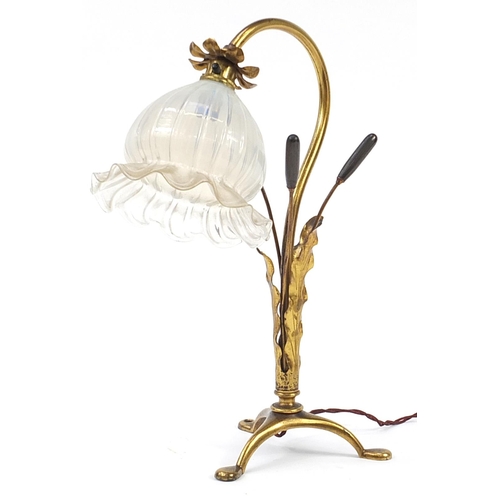6 - Manner of WAS Benson, Arts & Crafts gilt brass naturalistic pullman lamp with Vaseline frilled glass... 