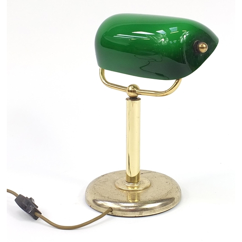 625 - Brass banker's design desk lamp with green glass shade, 33cm high