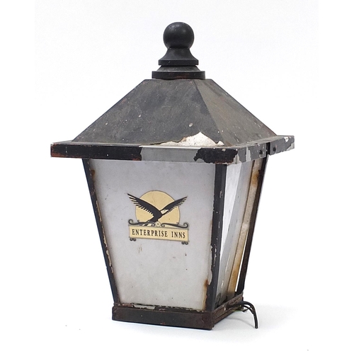 1083 - Vintage black painted metal Enterprise Inns advertising street lantern, 68cm high