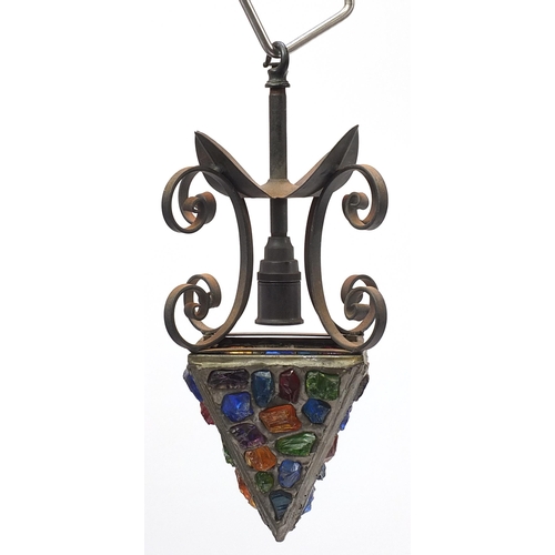 387 - Attributed to Peter Marsh, mid century design wrought iron and leaded glass light fitting, 36cm high