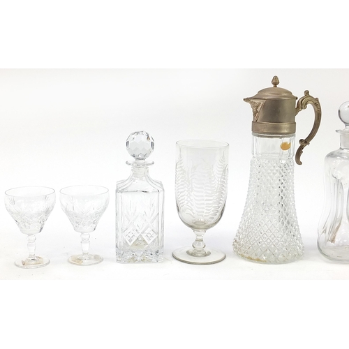 1309 - Antique and later cut glass and crystal including an hour glass decanter, pair of Elizabethan crysta... 