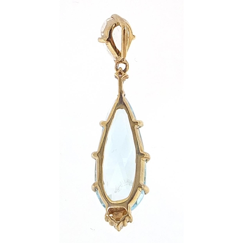 1833 - 9ct gold diamond, aquamarine and clear stone (tests as sapphire) drop pendant, 3.2cm high, 2.3g