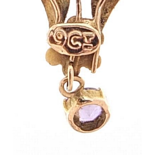 1822 - 9ct gold amethyst drop pendant, 4.3cm in length, 2.5g