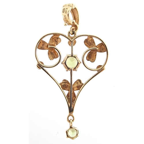 2029 - Art Nouveau 9ct gold peridot and seed pearl drop pendant, 4.0cm high, 2.8g