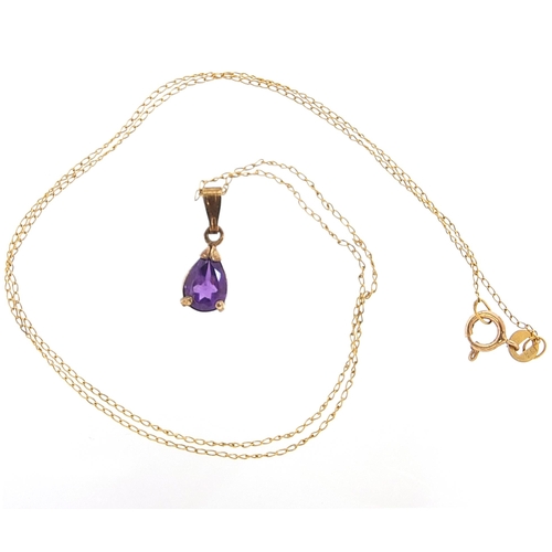 1942 - Unmarked 9ct gold amethyst tear drop pendant on 9ct gold necklace, 1.5cm high and 38cm in length, 1.... 