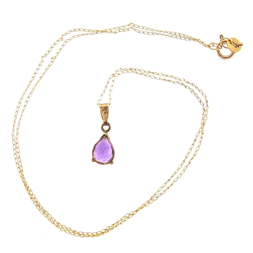 1942 - Unmarked 9ct gold amethyst tear drop pendant on 9ct gold necklace, 1.5cm high and 38cm in length, 1.... 