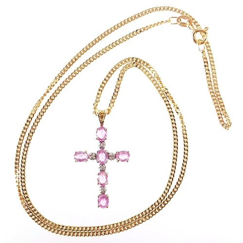 2094 - 9ct gold pink sapphire and diamond cross pendant on a 9ct gold necklace, 2.6cm high and 45cm in leng... 