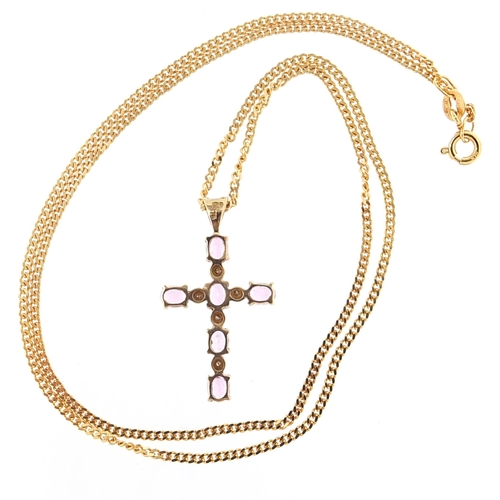 2094 - 9ct gold pink sapphire and diamond cross pendant on a 9ct gold necklace, 2.6cm high and 45cm in leng... 