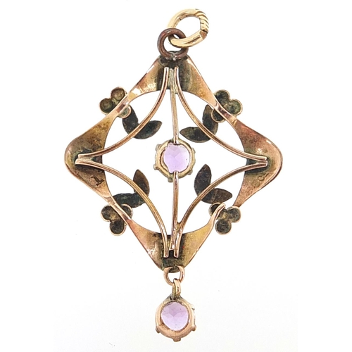 1763 - Art Nouveau 9ct gold amethyst drop pendant, 3.3cm high, 1.7g