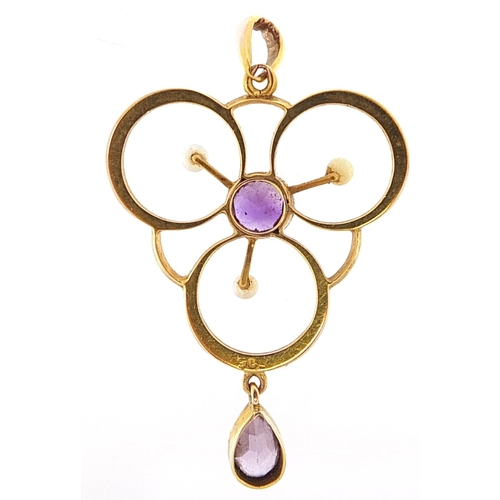 1685 - Edwardian 9ct gold amethyst and seed pearl pendant, 3.8cm high, 2.5g