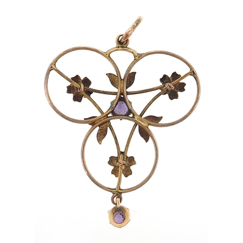 1777 - Art Nouveau 9ct gold amethyst drop pendant, 3.9cm high, 2.0g