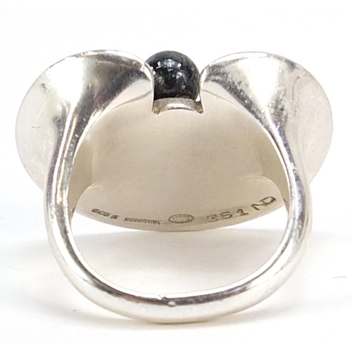 1959 - Georg Jensen, Danish 925S silver lily pad and hematite bead ring, numbered 351, size L, 17.1g