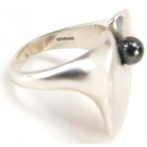 1959 - Georg Jensen, Danish 925S silver lily pad and hematite bead ring, numbered 351, size L, 17.1g