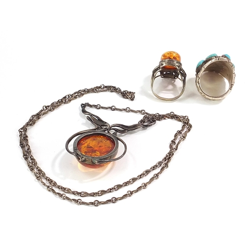 2154 - Silver jewellery comprising natural amber necklace, natural amber marcasite ring and a turquoise rin... 