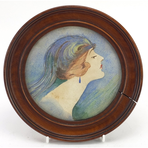 1006 - Portrait of an Art Nouveau female, circular watercolour, framed and glazed, 13.5cm in diameter exclu... 