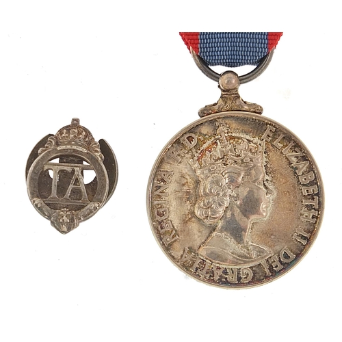 1526 - Military interest Elizabeth II Faithful Service medal and TA lapel, the Faithful Service medal award... 