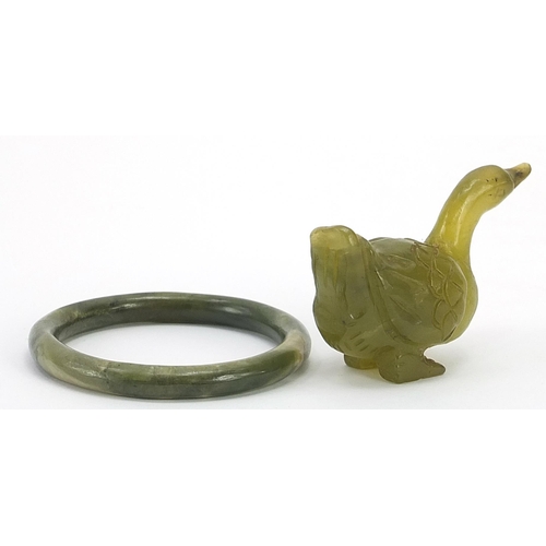 808 - Chinese green jade bangle and carved duck, 7.5cm in length