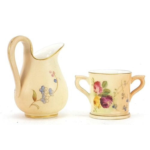 441 - Royal Worcester blush ivory miniature jug and loving cup, each hand painted with flowers, the larges... 