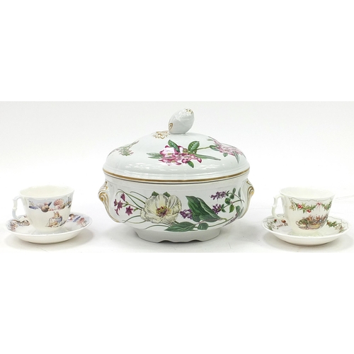 1354 - Spode Stafford Flowers tureen and cover with two Royal Doulton Bramley Hedge cups and saucers, the t... 