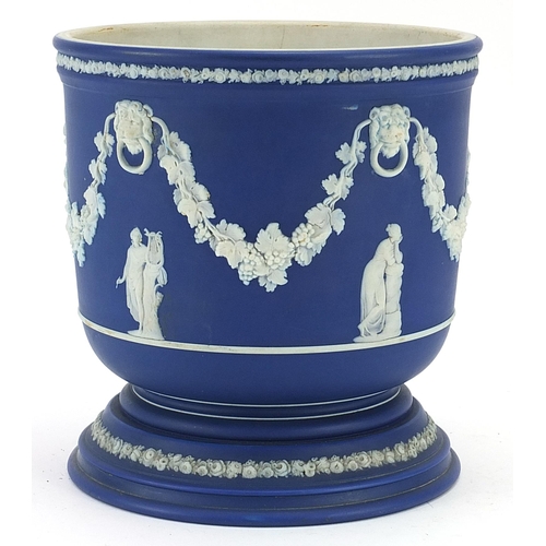 442 - Wedgwood blue and white Jasperware jardiniere decorated in relief with grapes on vines, lion masks a... 