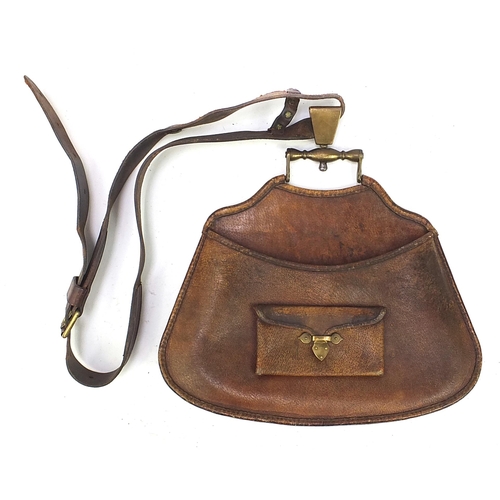 419 - Vintage Hawker's brown leather bag with brass mounts and shoulder strap, the back 38cm wide