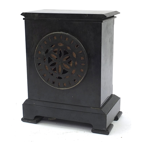 480 - Victorian aesthetic black slate mantle clock with bronzed metal mounts having applied presentation p... 