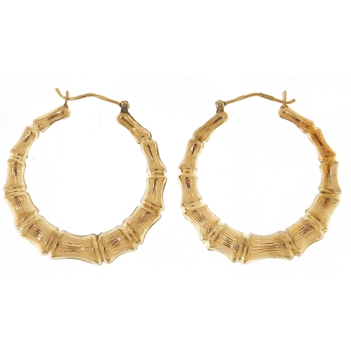 1787 - Pair of 9ct gold bamboo design hoop earrings, 3.3cm in diameter, 4.1g