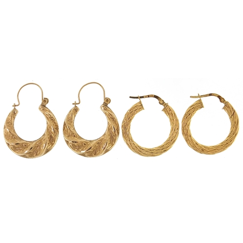 1870 - Two pairs of gold hoop earrings comprising a pair of 9ct gold and a pair of unmarked gold, tests as ... 