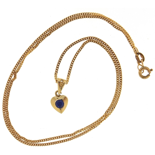 1724 - 9ct gold necklace with a yellow metal love heart pendant set with a blue stone, 1.4cm high and 42cm ... 