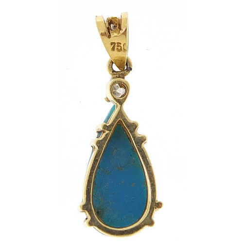 1653 - 18ct gold diamond and turquoise tear drop pendant, 2.4cm high, 2.3g