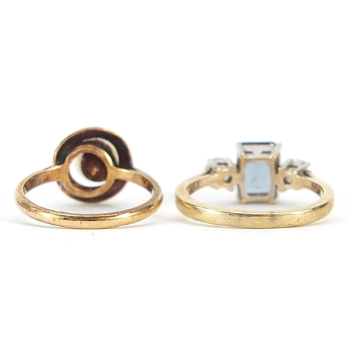 2026 - Two 9ct gold rings including one set with blue and clear stones, sizes Q and O, 6.6g