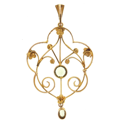 1677 - Art Nouveau 9ct gold seed pearl and peridot drop pendant, 5.0cm high, 2.8g