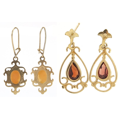 1743 - Pair of 9ct gold cameo drop earrings and a pair of unmarked gold garnet drop earrings, , the largest... 