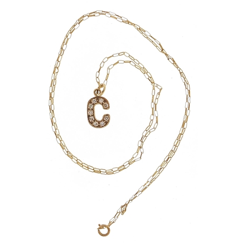 1882 - Unmarked gold diamond initial C pendant on a 9ct gold necklace, 1.4cm high and 48cm in length, 1.2g