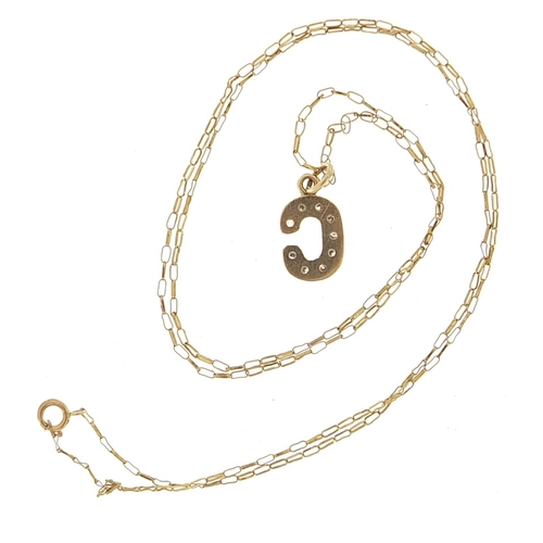 1882 - Unmarked gold diamond initial C pendant on a 9ct gold necklace, 1.4cm high and 48cm in length, 1.2g