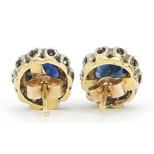 2066 - Pair of unmarked gold sapphire and diamond cluster stud earrings, tests as 9ct gold, 1.0cm in diamet... 