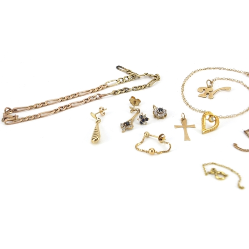 1637 - 9ct gold and yellow metal jewellery including necklaces and earrings, weighable 9ct gold 12.4g, tota... 