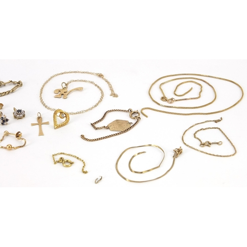 1637 - 9ct gold and yellow metal jewellery including necklaces and earrings, weighable 9ct gold 12.4g, tota... 