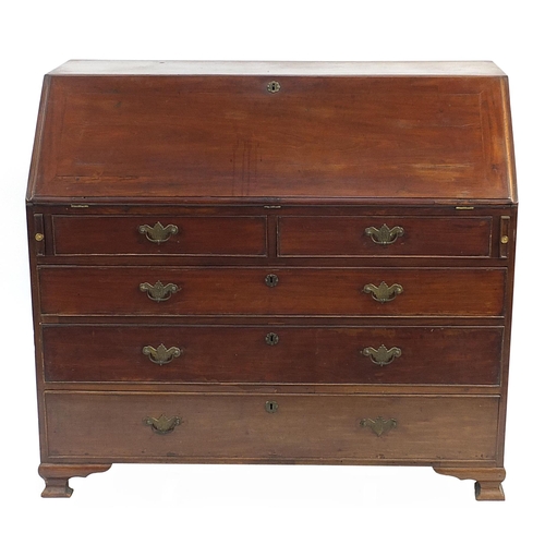 899 - Georgian mahogany bureau with fitted interior having various secret compartments and drawers on brac... 