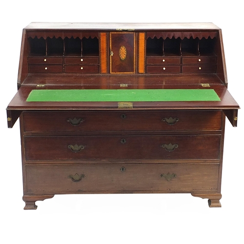 899 - Georgian mahogany bureau with fitted interior having various secret compartments and drawers on brac... 